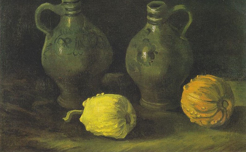 Still life with two jugs and pumpkins